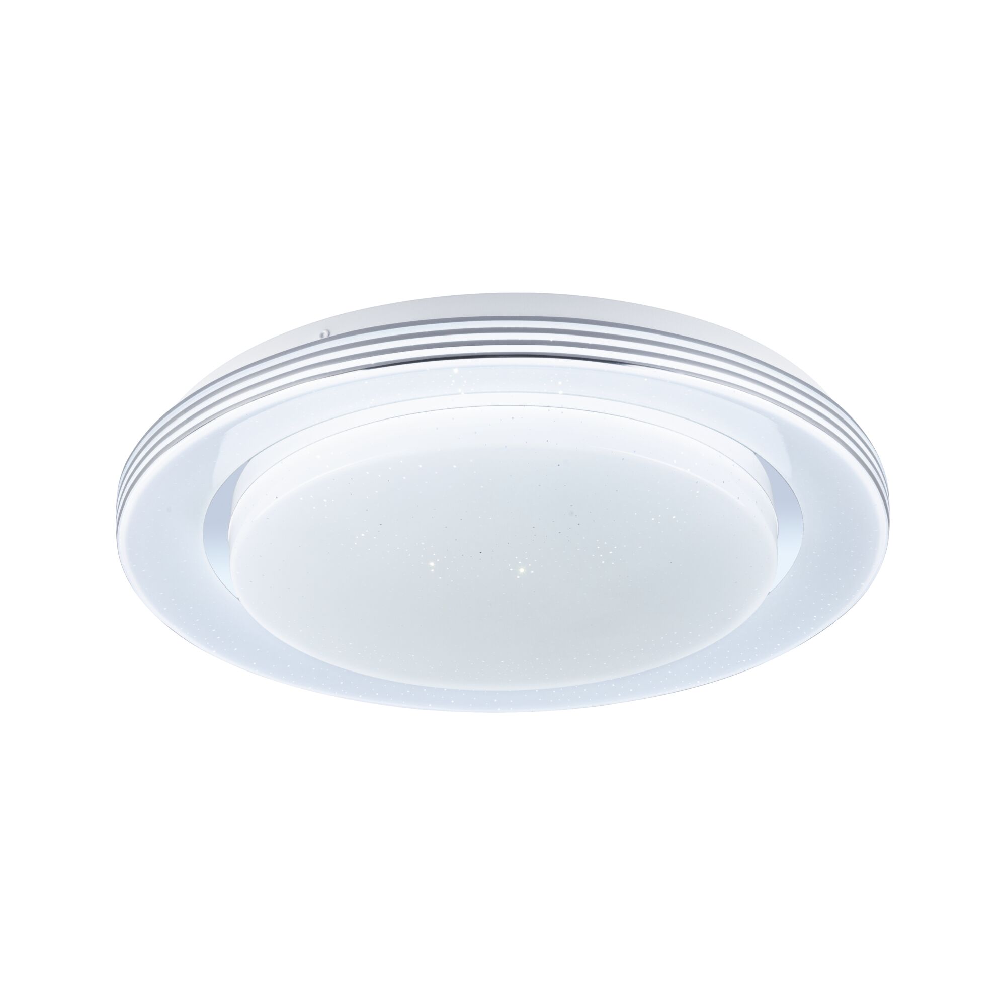 Round white LED ceiling light with star effect and modern design for living spaces.