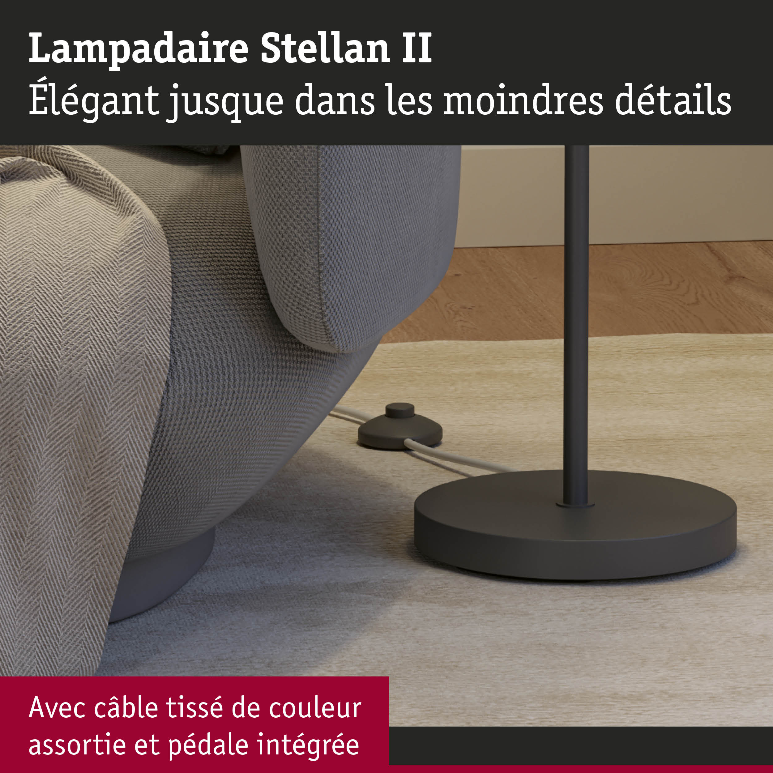 Lampadaire Stellan II noir avec câble tissé assorti et pédale intégrée pour commande facile