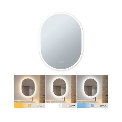 Oval LED mirror with adjustable white light color temperature for modern bathroom lighting.