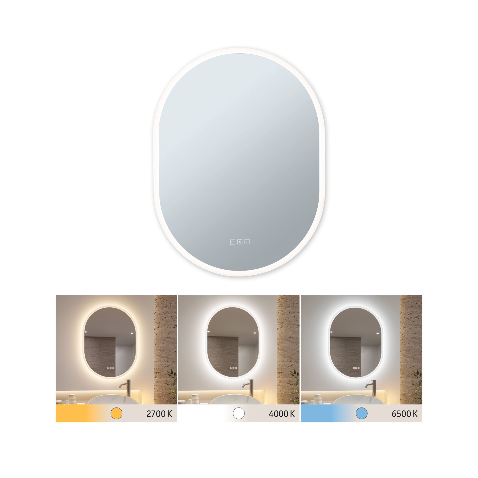 LED Leuchtspiegel Mirra IP44 White Switch 1400lm 230V 22W dimmbar Spiegel/Weiß Ovaler LED-Spiegel mit einstellbarer Farbtemperatur in Weiß für modernes Badezimmerlicht.