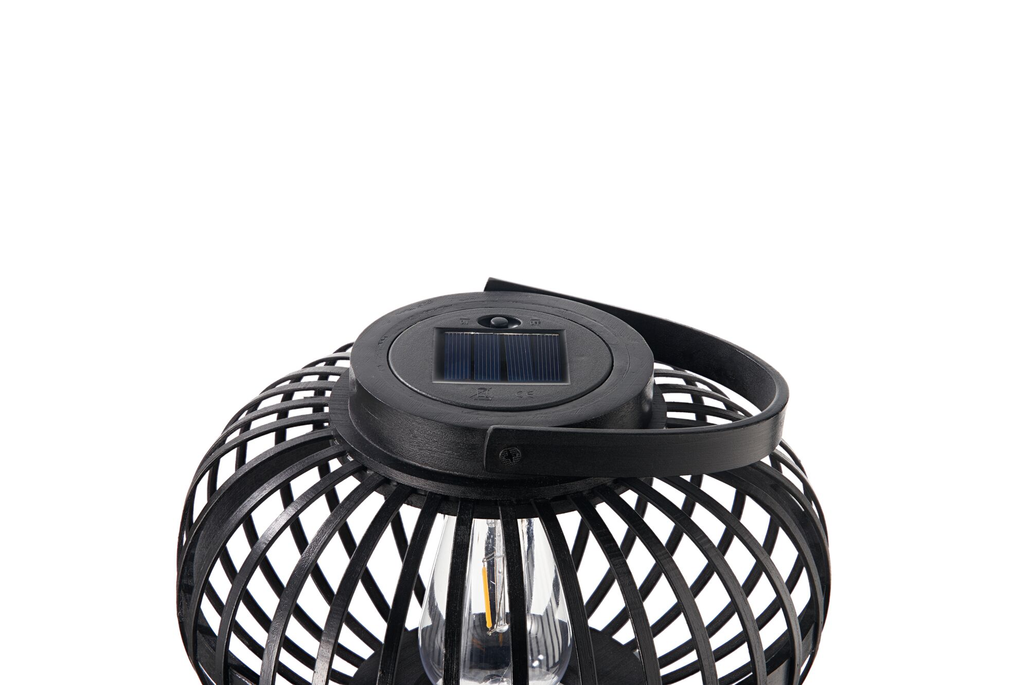 Black metal solar lantern with grid design and LED bulb for outdoor garden lighting