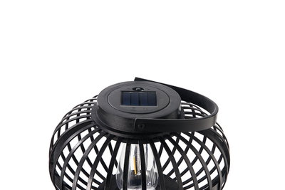 Black metal solar lantern with grid design and LED bulb for outdoor garden lighting