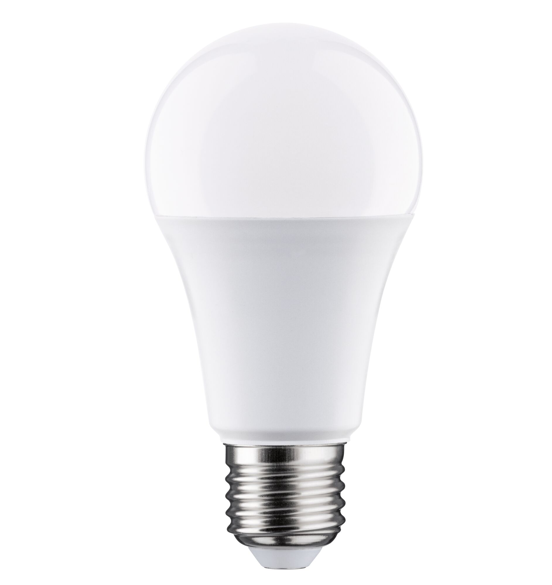 Weiße LED-Lampe mit E27-Fassung aus Kunststoff und Metall für energiesparende Beleuchtung