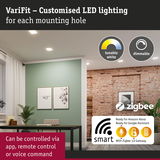 Modern living room with dimmable tunable white LED ceiling lights and smart home control via app or voice