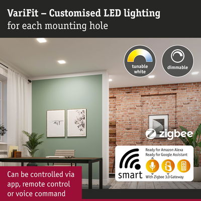 Modern living room with dimmable tunable white LED ceiling lights and smart home control via app or voice