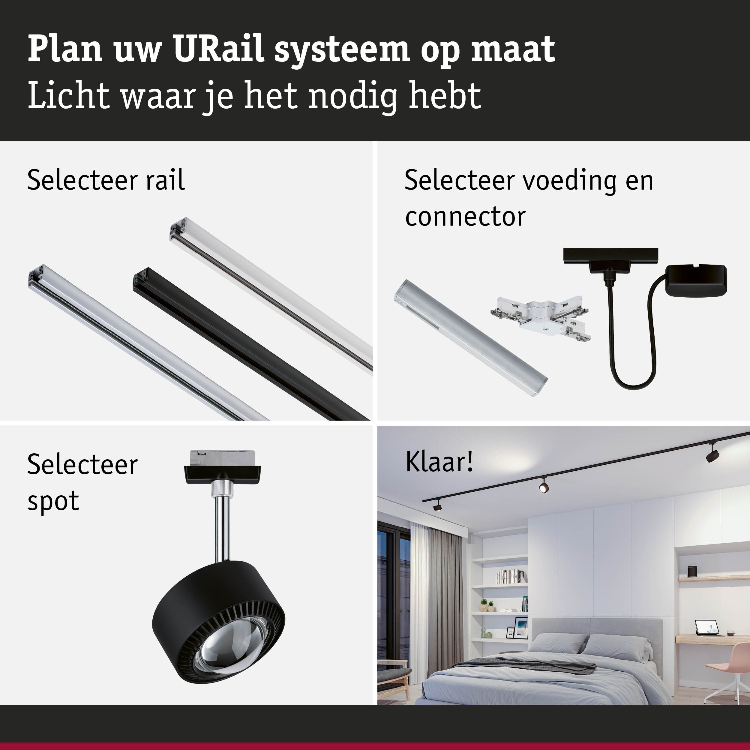 Modulair URail railsysteem in zwart en wit met spot en voeding voor flexibele verlichting