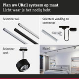Modulair URail railsysteem in zwart en wit met spot en voeding voor flexibele verlichting
