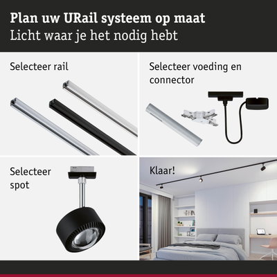 Modulair URail railsysteem in zwart en wit met spot en voeding voor flexibele verlichting