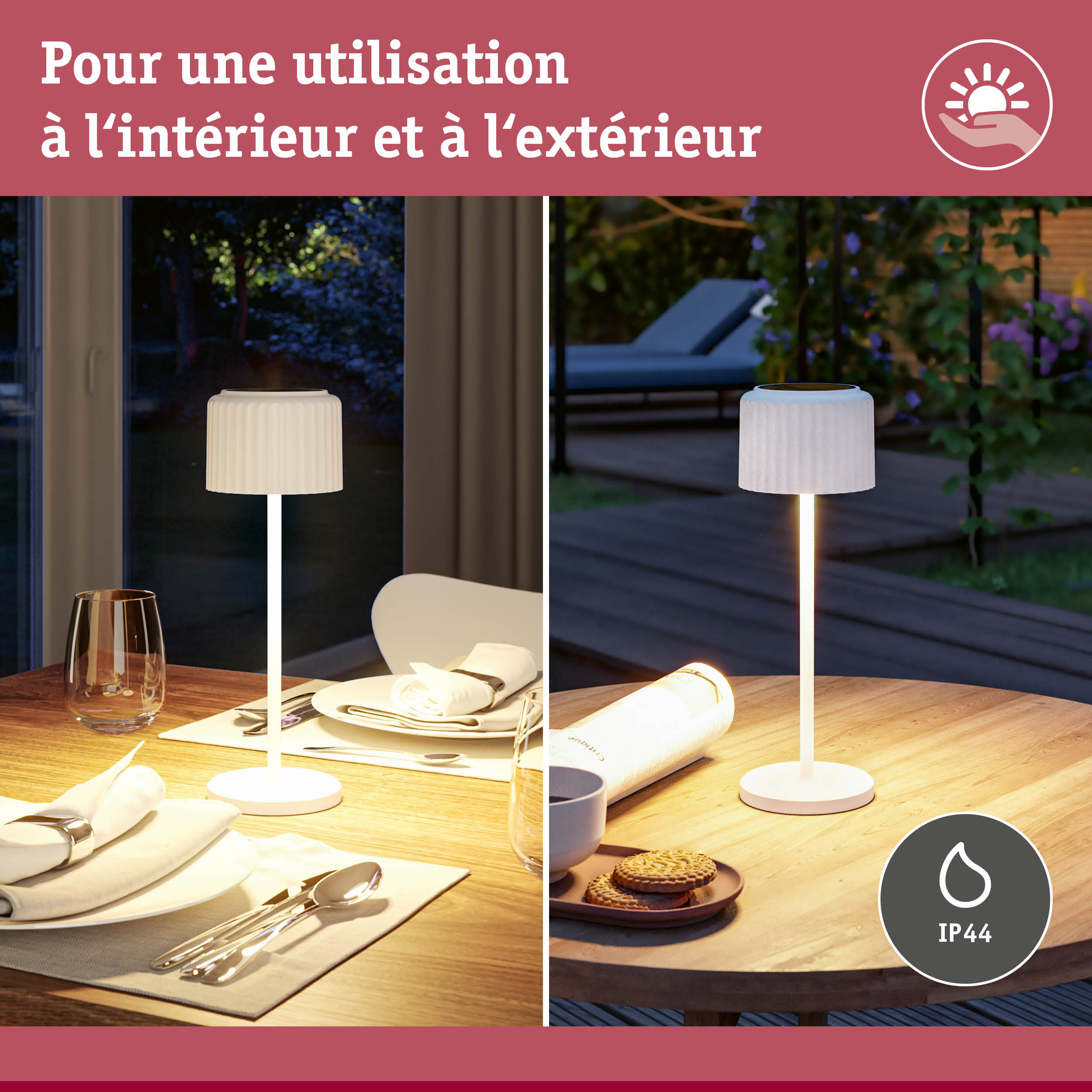 Lampadaire blanc avec abat-jour cannelé sur table en bois, usage intérieur et extérieur avec protection IP44