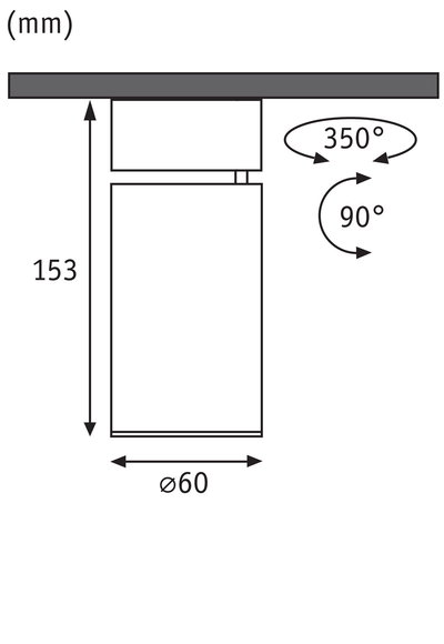 Technical drawing of a cylindrical spotlight 153 mm high and 60 mm diameter, rotatable 350° and tiltable 90°.