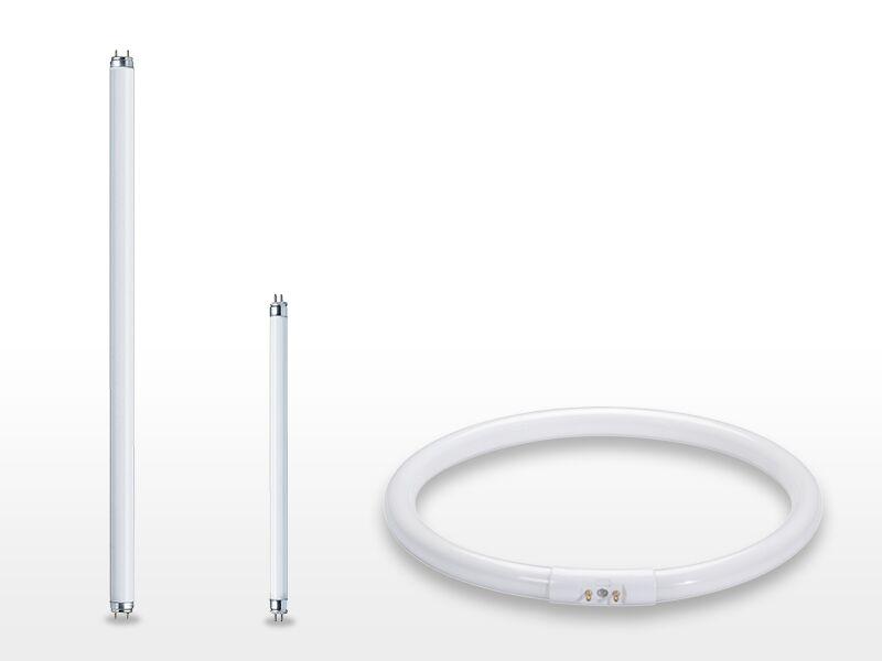 Tre hvide lysstofrør i forskellige størrelser til energieffektiv belysning.