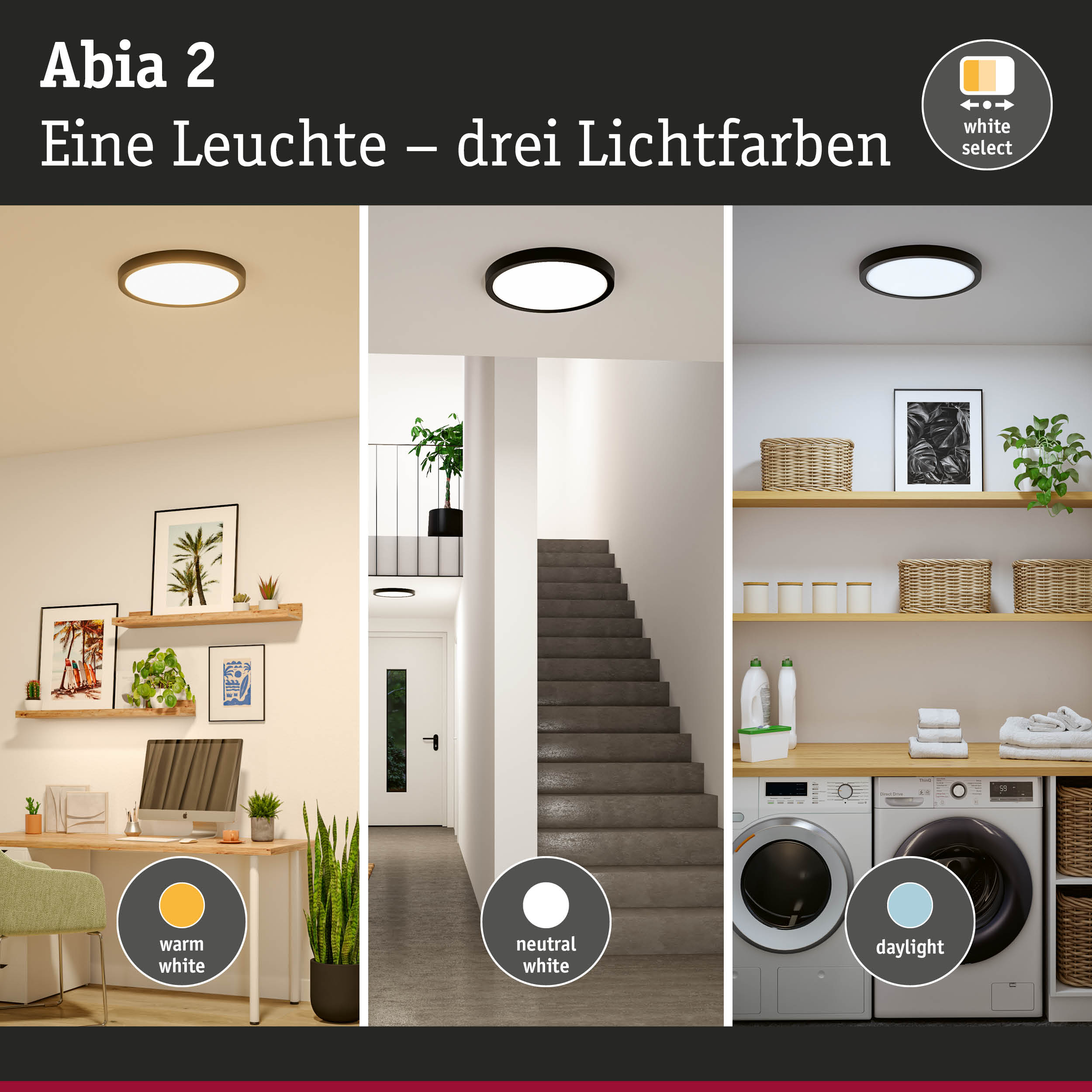 Abia 2 Deckenleuchte in Schwarz mit drei wählbaren Lichtfarben warmweiß, neutralweiß, tageslicht