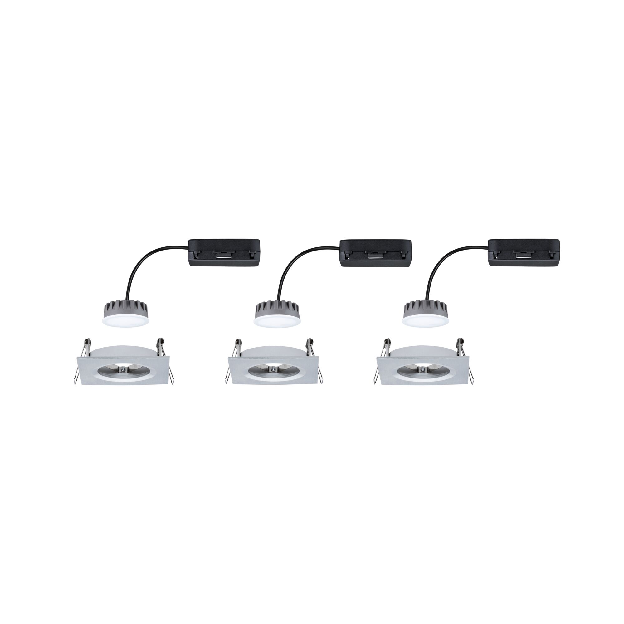 Trois spots encastrés carrés en aluminium argenté avec pilotes LED pour éclairage intérieur moderne