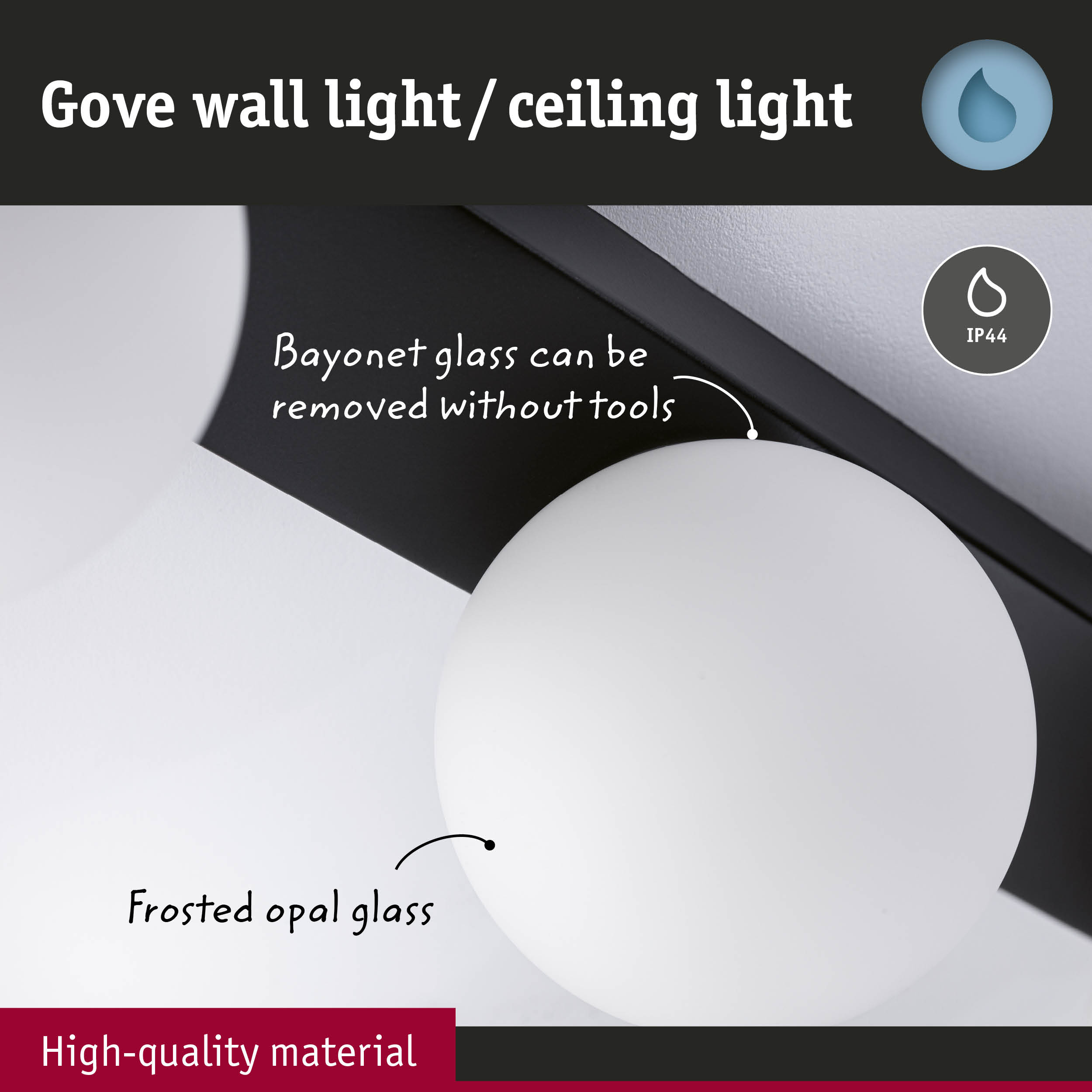 Gove wall light with black metal frame and frosted opal glass, IP44 rated for bathroom and outdoor use