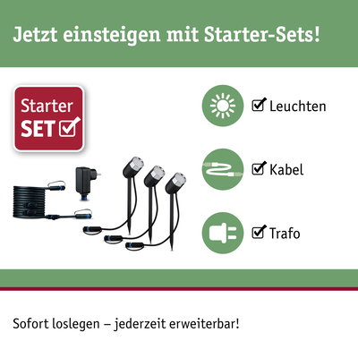 Starter-Set mit drei schwarzen LED-Gartenleuchten, Kabel und Trafo für einfache Außenbeleuchtung.