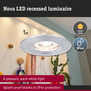 Nova LED recessed aluminium spotlight in silver with warm white light and IP44 splash-proof protection