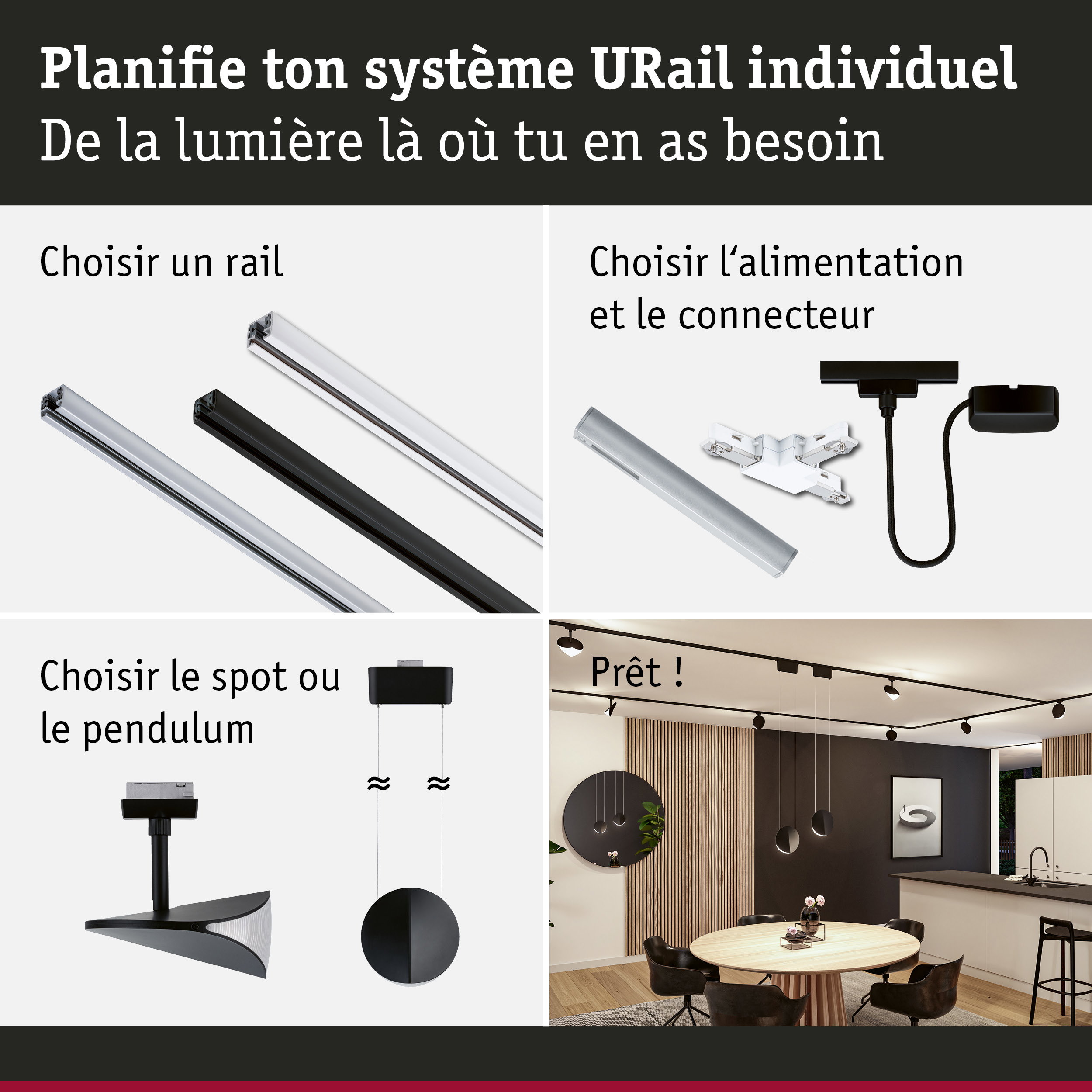 Système modulaire URail avec rails, spots et suspensions pour un éclairage personnalisé