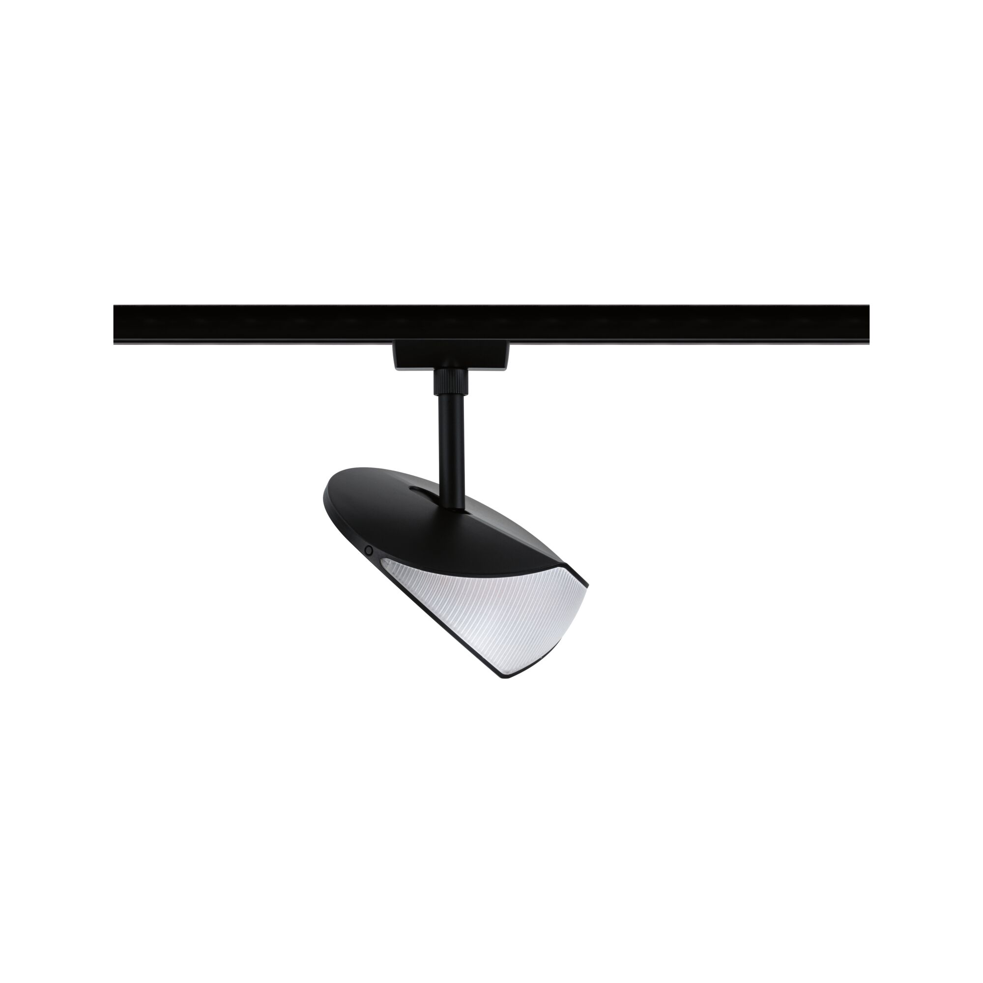 Schwarzer LED-Spot aus Kunststoff mit weißem Diffusor an Schienensystem für moderne Beleuchtung