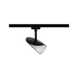 Schwarzer LED-Spot aus Kunststoff mit weißem Diffusor an Schienensystem für moderne Beleuchtung