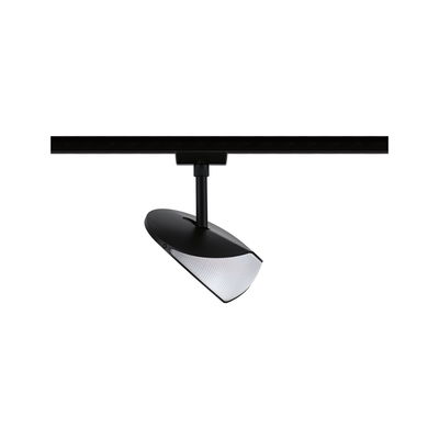 Schwarzer LED-Spot aus Kunststoff mit weißem Diffusor an Schienensystem für moderne Beleuchtung
