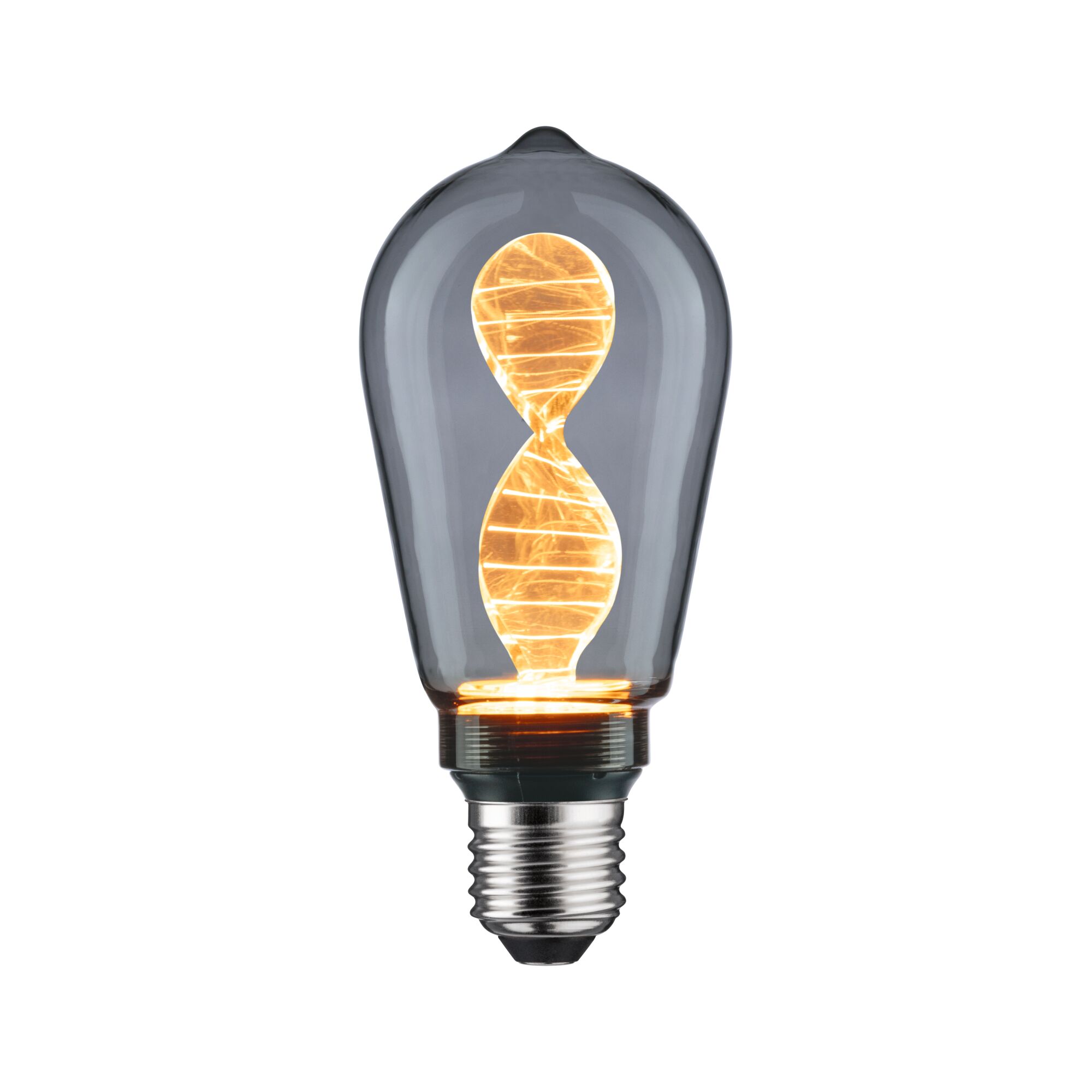 Glühbirne mit gedrehtem LED-Filament in warmweißem Licht und rauchgrauem Glas für dekorative Beleuchtung