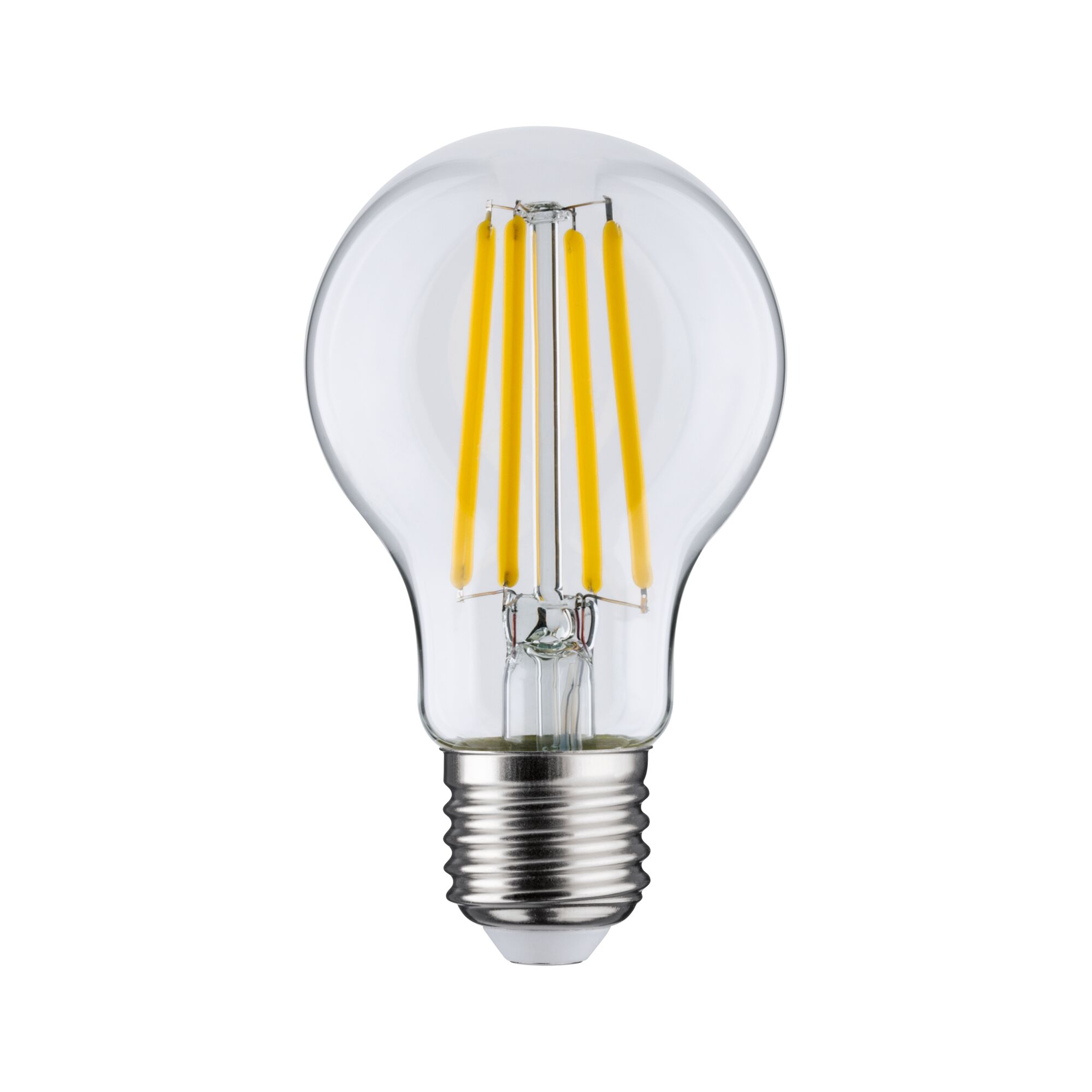 Classic LED light bulb with clear glass and yellow filaments, energy-efficient lighting solution