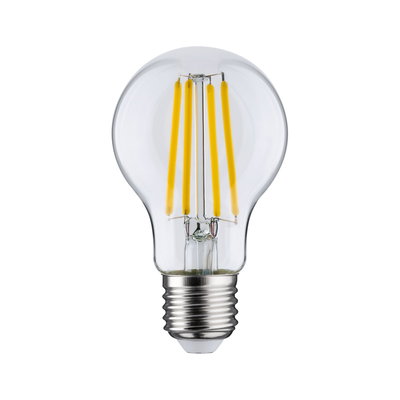 Klassisk LED-pære med klart glas og gule filamenter, energieffektiv belysningsløsning