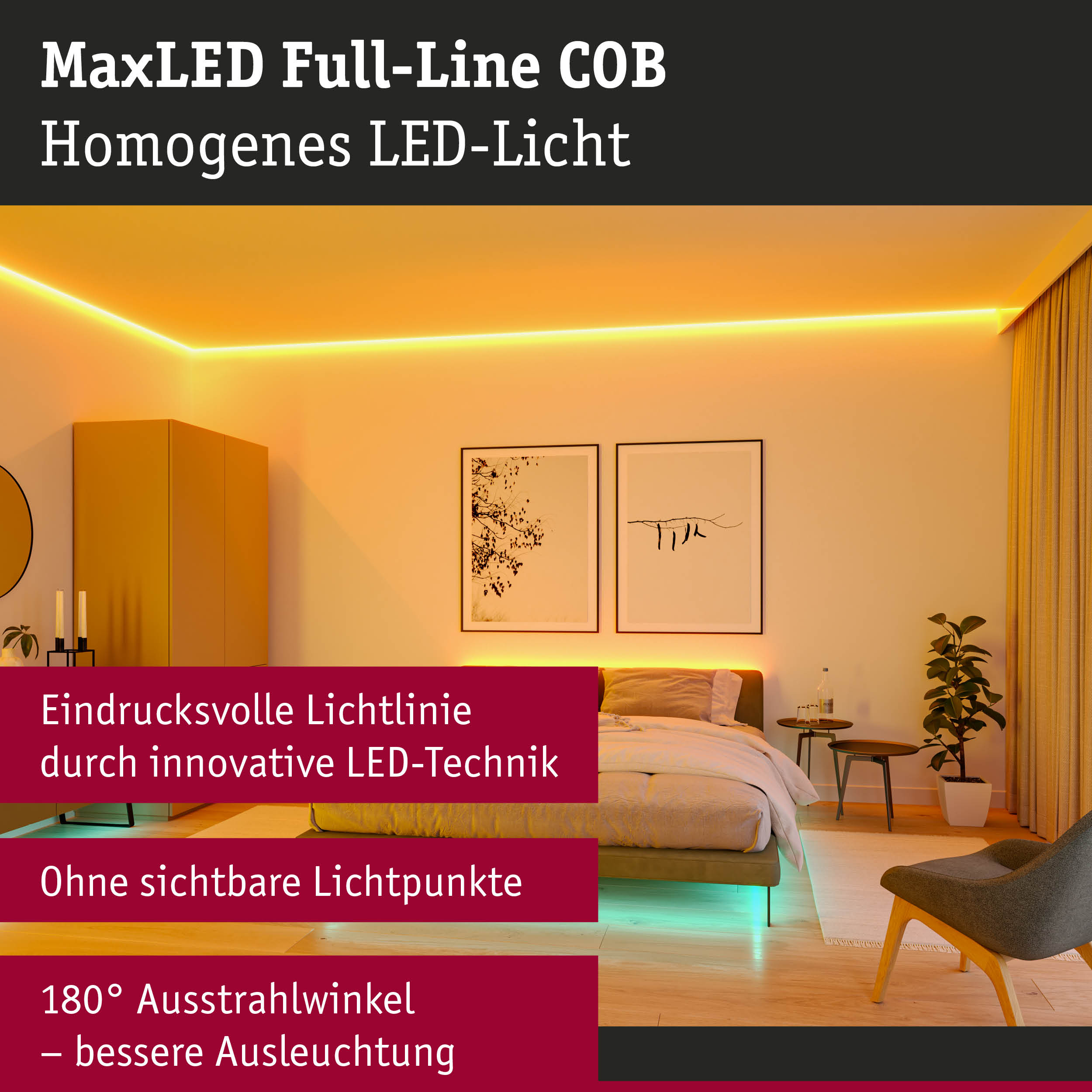 Wohnzimmer mit MaxLED Full-Line COB LED-Lichtlinie in warmweiß, moderne indirekte Beleuchtung