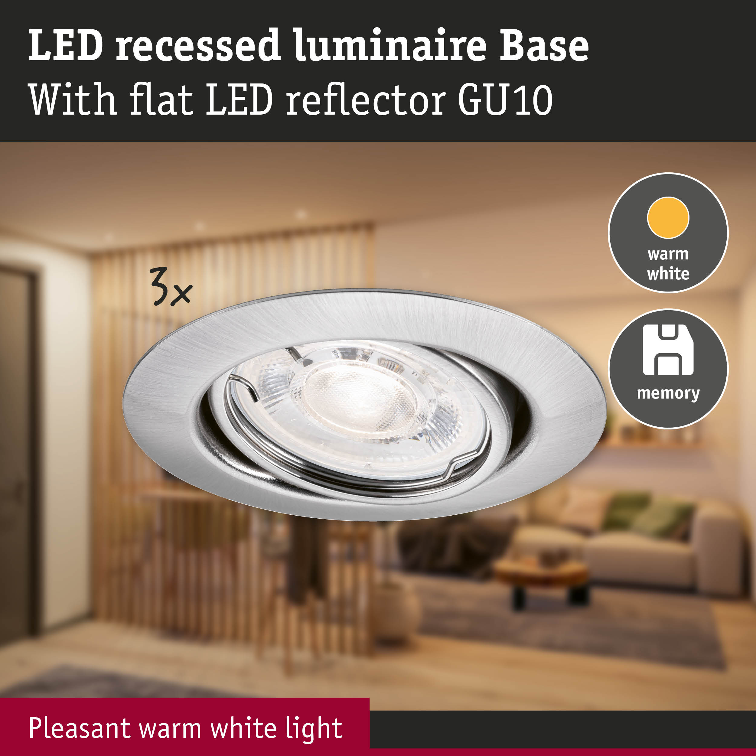 Brushed aluminium LED recessed luminaire with warm white light and flat GU10 LED reflector