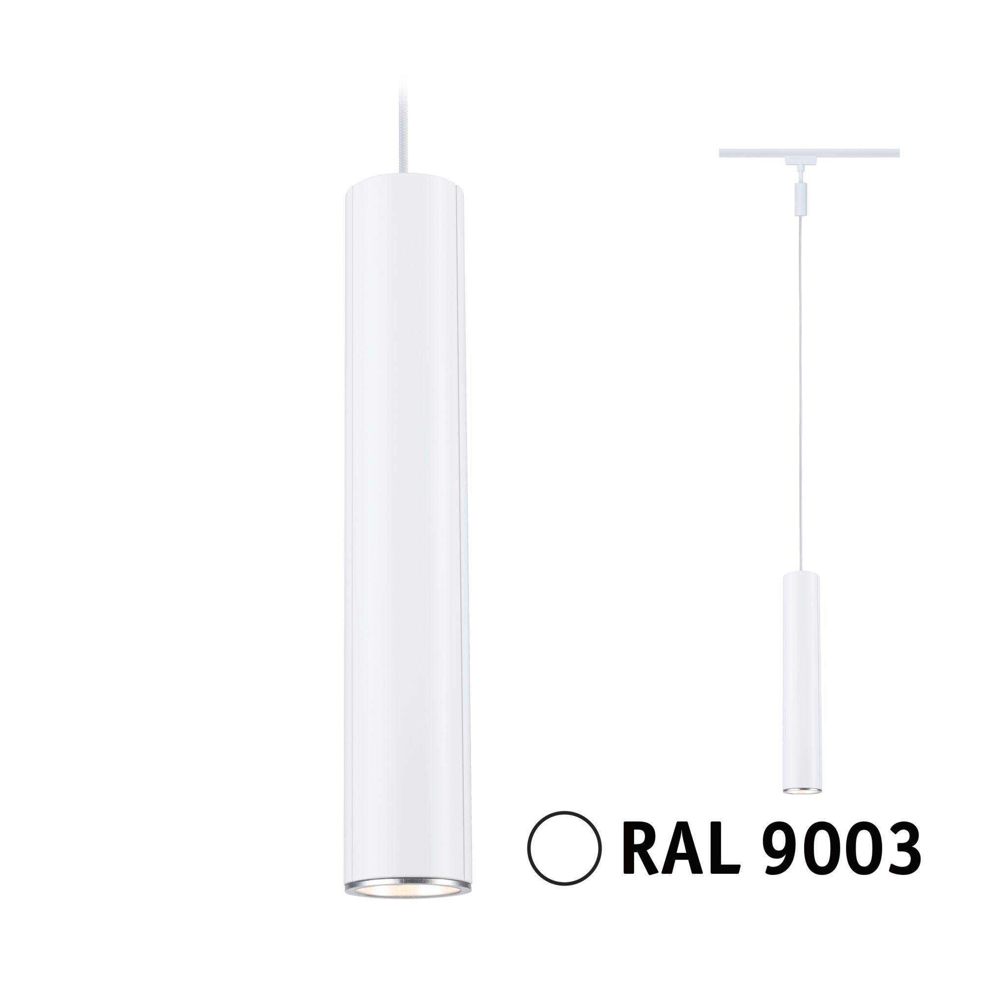 URail Pendants Catalejo GU10 max. 10W dimmable 230V Signal white Slim white metal pendant light in RAL 9003 with modern design for indoor lighting.