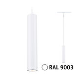 Slim white metal pendant light in RAL 9003 with modern design for indoor lighting.