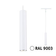 Schlanke weiße Pendelleuchte aus Metall in RAL 9003 mit modernem Design für Innenräume.