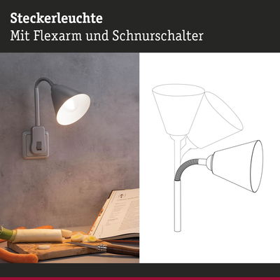 Graue Steckerleuchte mit flexiblem Arm und Schnurschalter, ideal für Arbeitsbereiche und Küchenbeleuchtung