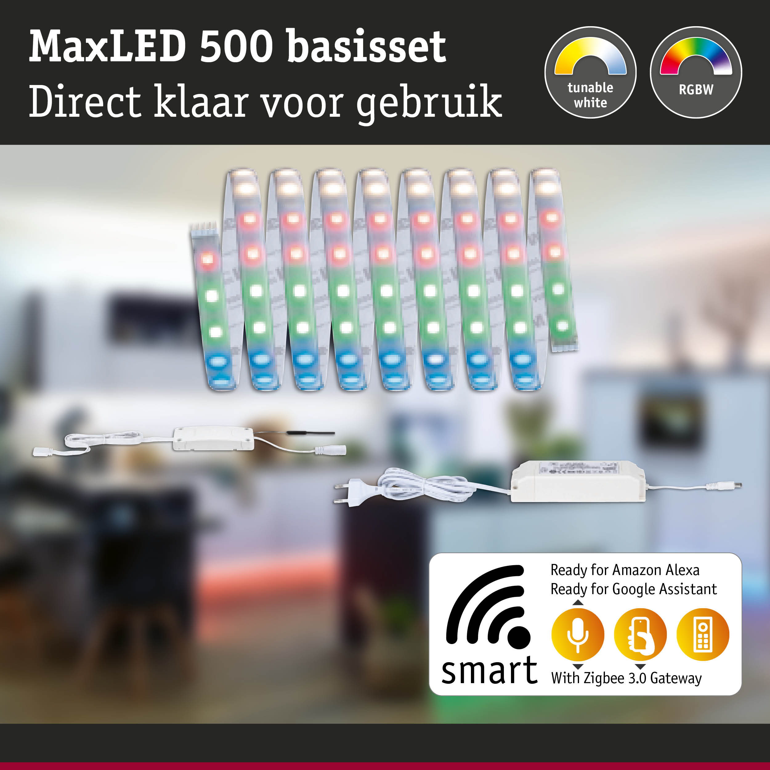 MaxLED 500 RGBW LED strip with tunable white, power supply and Zigbee 3.0 smart gateway included