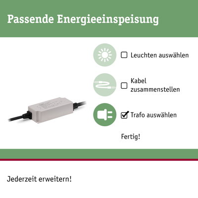 Weißer Transformator mit schwarzem Kabel zur passenden Energieeinspeisung für LED-Leuchten und Kabelsysteme