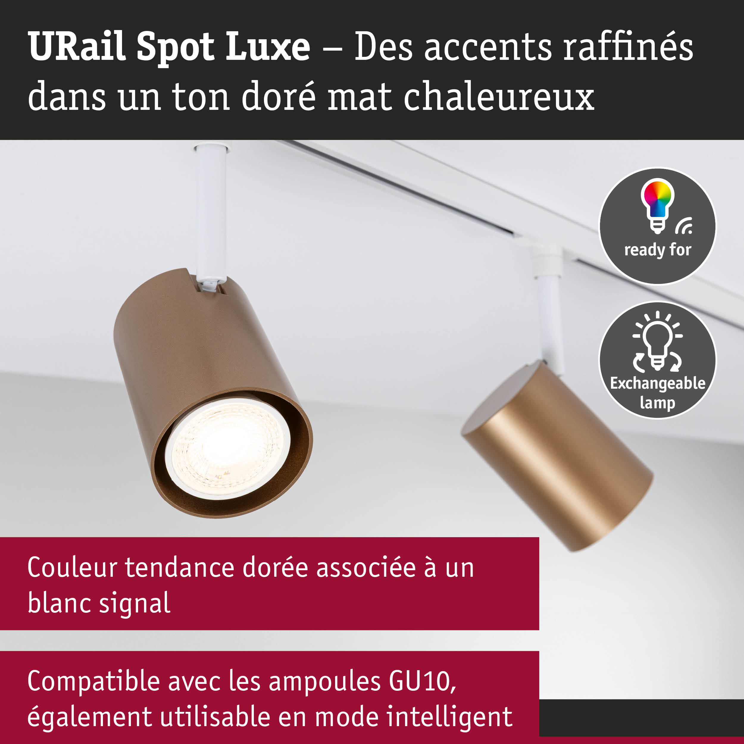 Spot URail Luxe doré mat avec rail blanc, compatible ampoules GU10 LED et mode intelligent