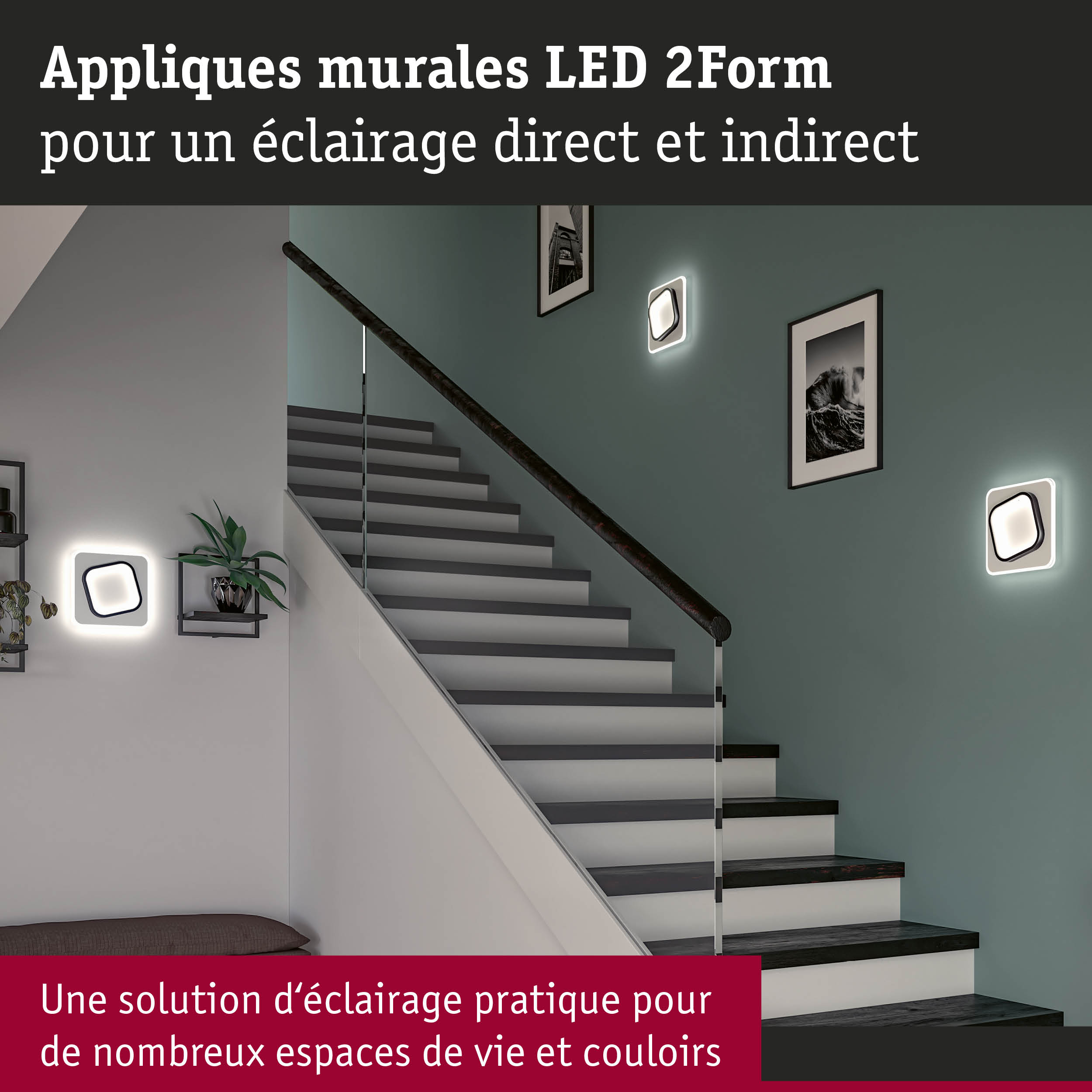 Appliques murales LED 2Form blanches avec éclairage direct et indirect pour escaliers