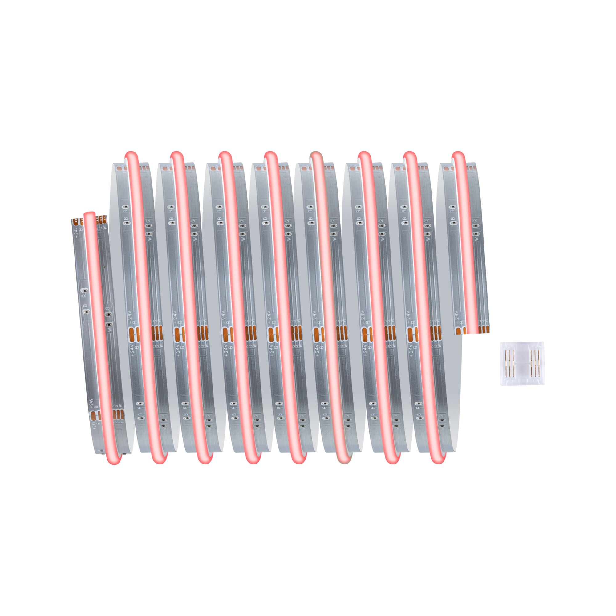 Flexible LED strip light with red illumination and clear connector for versatile lighting effects