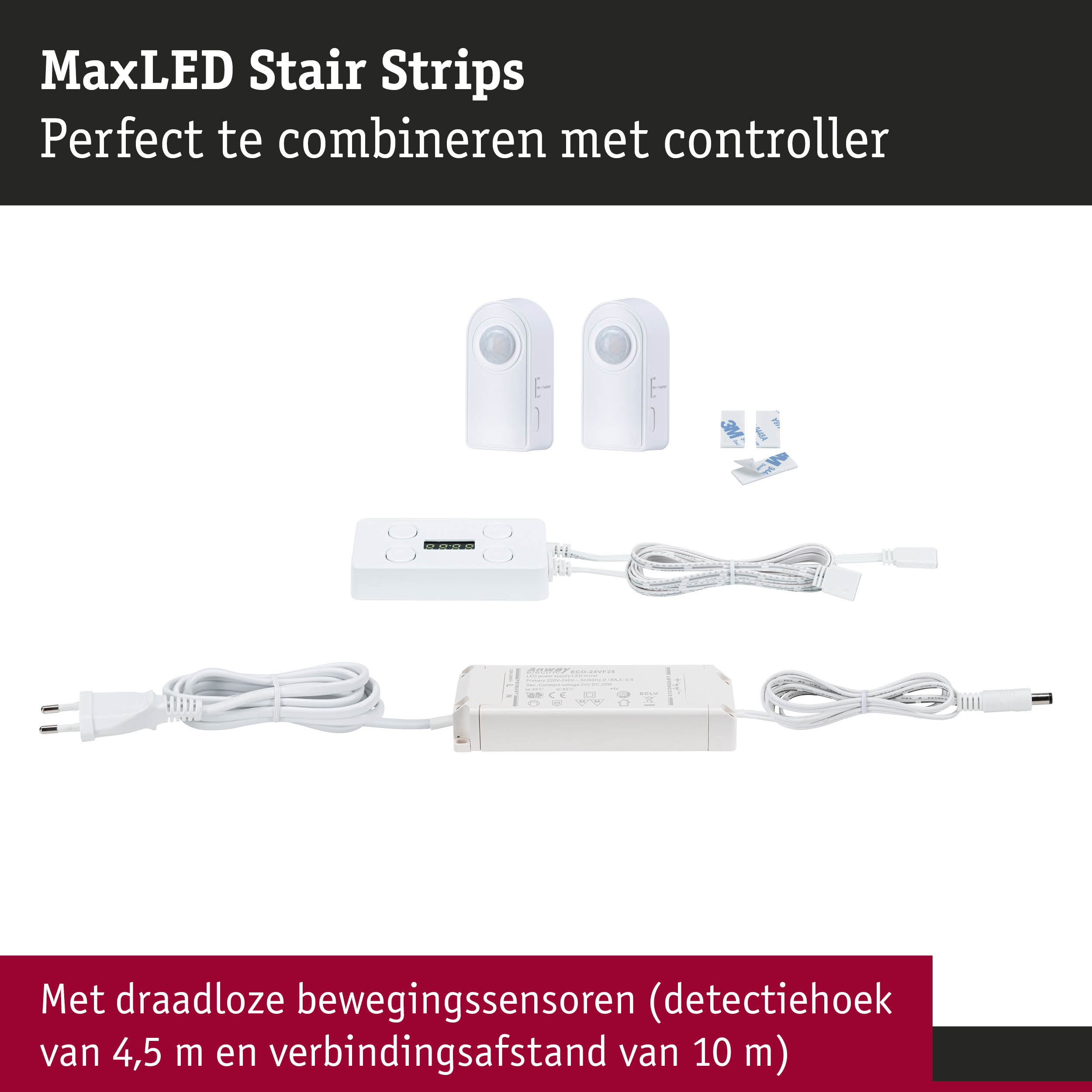 Wit MaxLED trapverlichtingsset met draadloze bewegingssensoren en LED-controller voor slimme verlichting