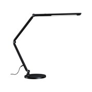 Black metal LED desk lamp with adjustable arm and round base for office lighting and workspace