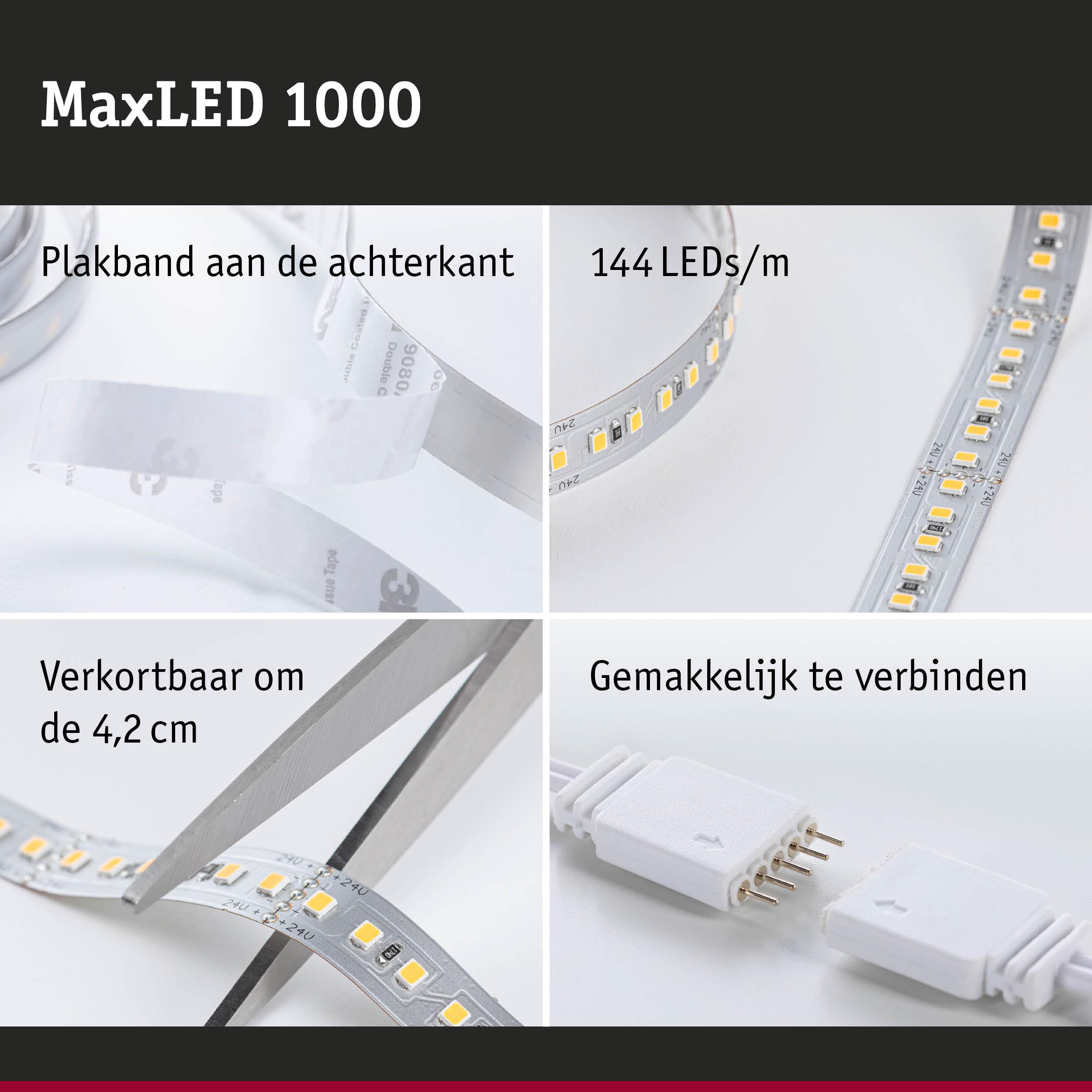 MaxLED 1000 LED-strip met 144 LEDs/m, zelfklevend, knipbaar en eenvoudig te verbinden voor flexibele verlichting