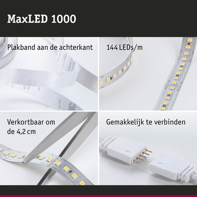 MaxLED 1000 LED-strip met 144 LEDs/m, zelfklevend, knipbaar en eenvoudig te verbinden voor flexibele verlichting