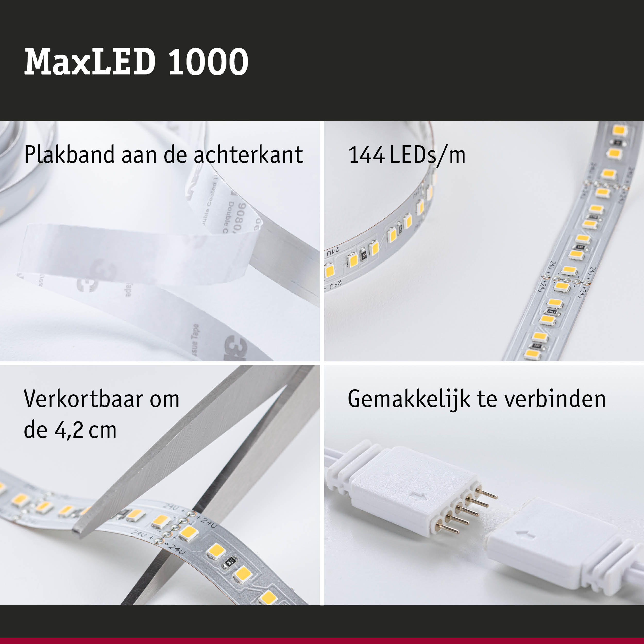 MaxLED 1000 LED-strip met 144 LEDs/m, zelfklevend, knipbaar en eenvoudig te verbinden voor flexibele verlichting