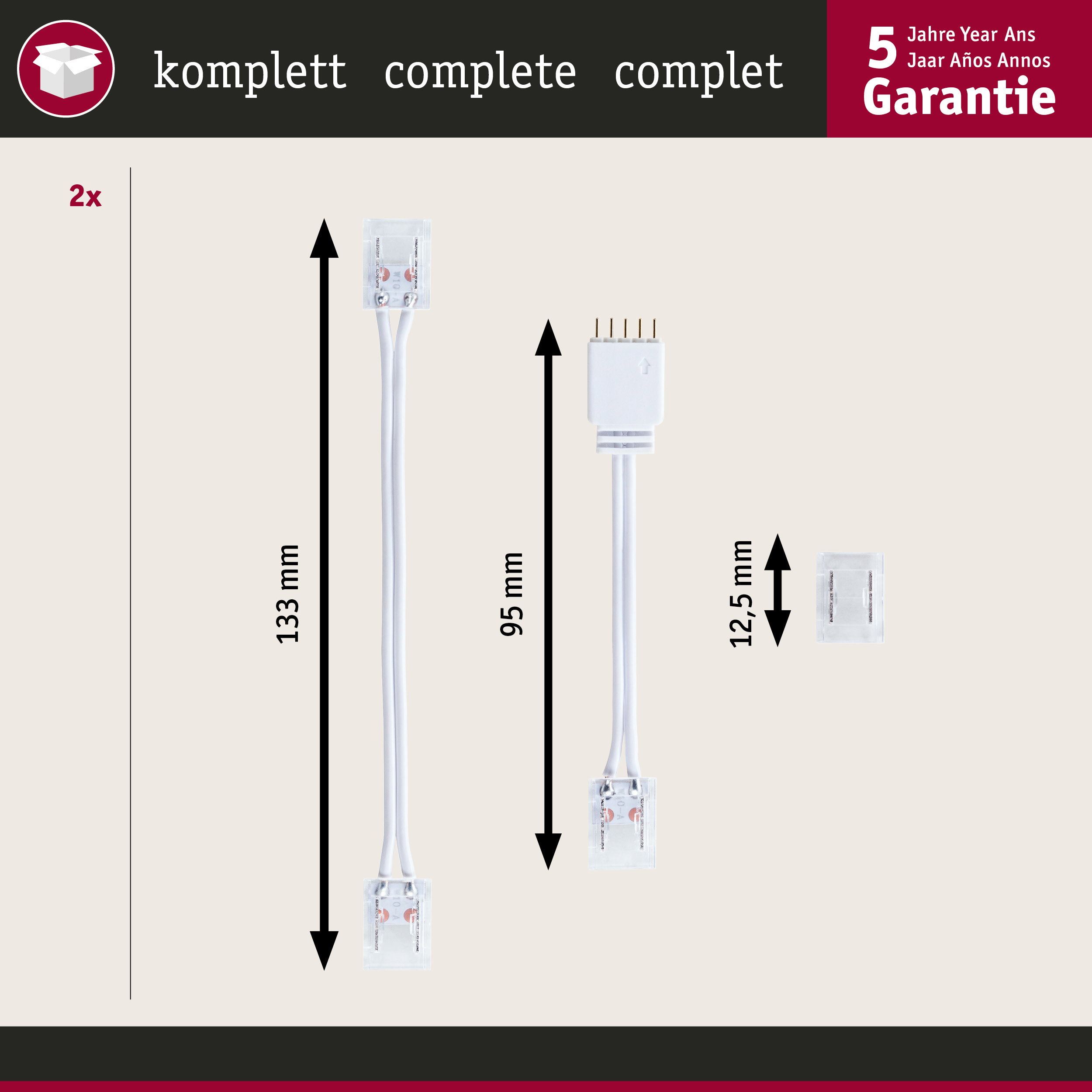 Weißes LED-Verbindungskabel mit 4-poligem Stecker und transparenten Enden, 133 mm und 95 mm lang