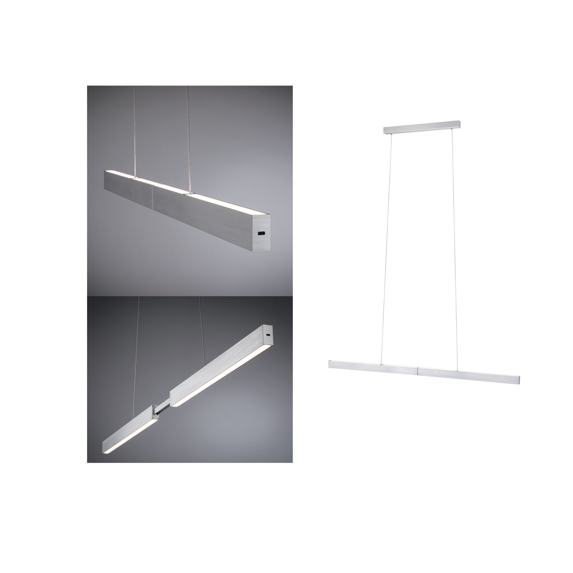 Moderne LED-Pendelleuchte aus gebürstetem Aluminium in Silber mit dimmbarer Lichtquelle.
