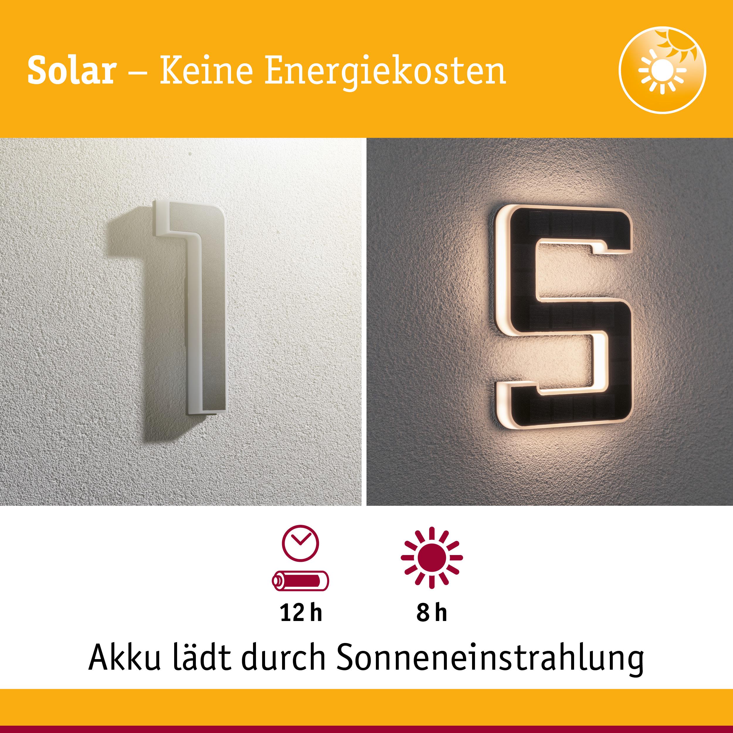 Solarbetriebene Hausnummern 1 und 5 mit LED-Beleuchtung und Akku, laden durch Sonneneinstrahlung