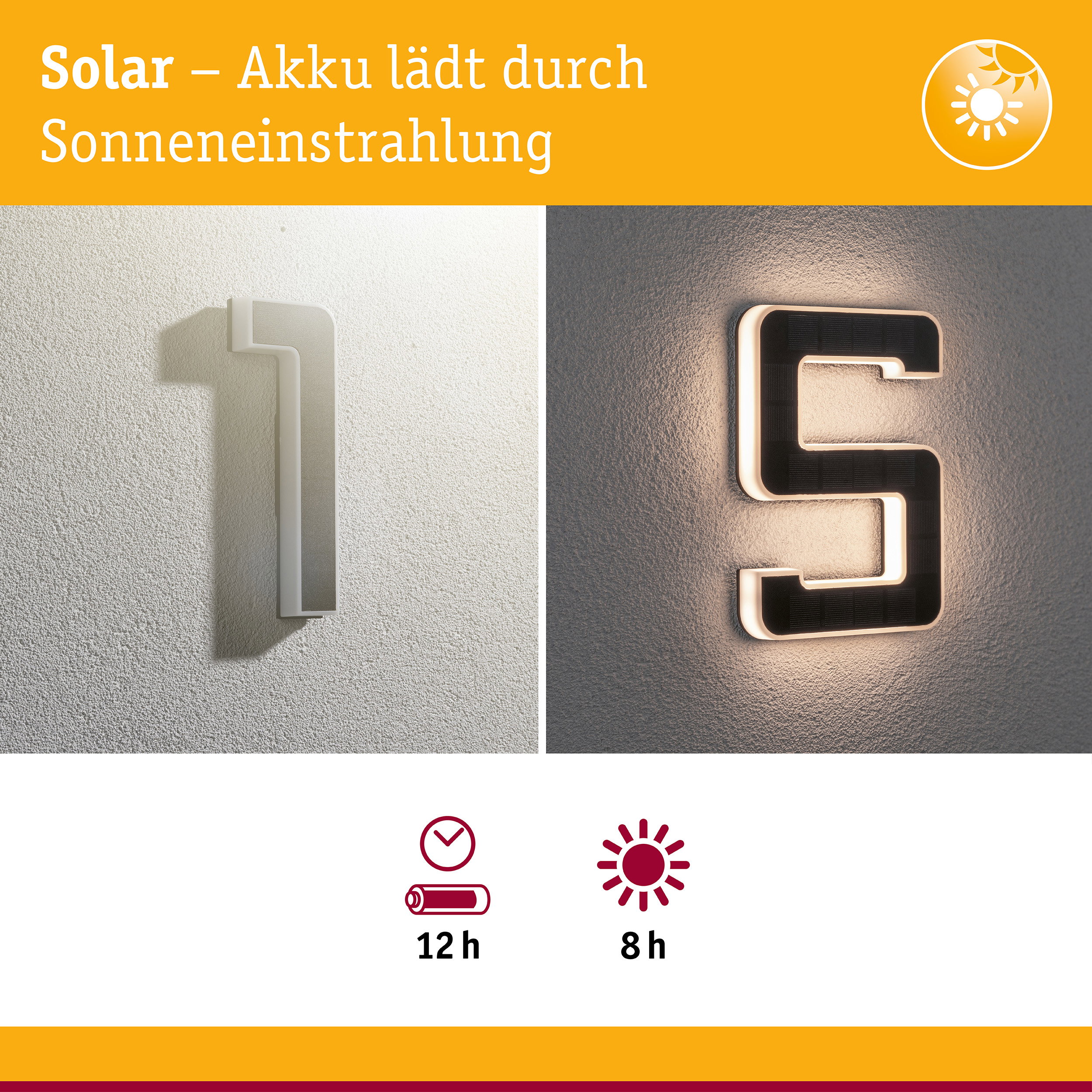 Solarbetriebene Hausnummernleuchte mit weißem und schwarzem Gehäuse, energiesparende LED-Beleuchtung