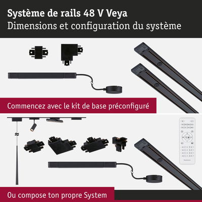 Système de rails 48 V Veya noir avec connecteurs et télécommande pour éclairage modulable
