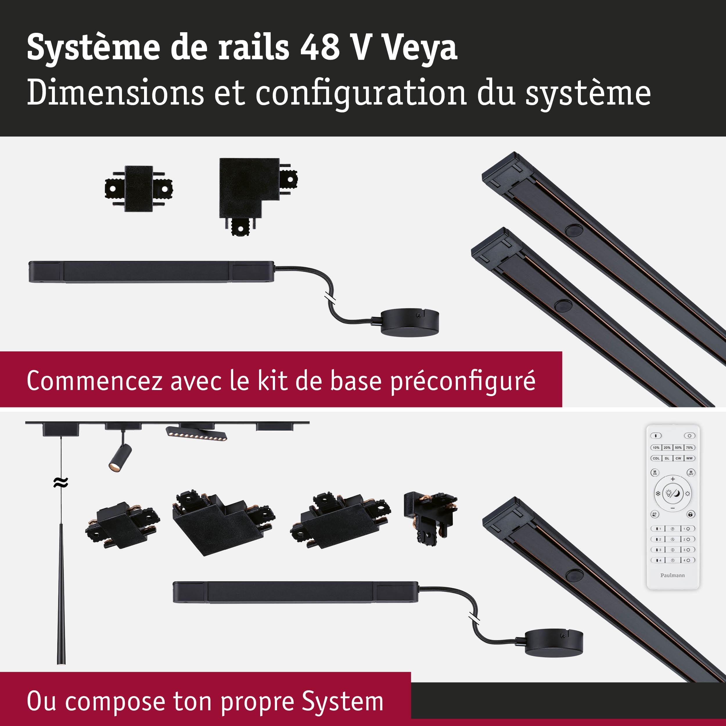 Système de rails 48 V Veya noir avec connecteurs et télécommande pour éclairage modulable