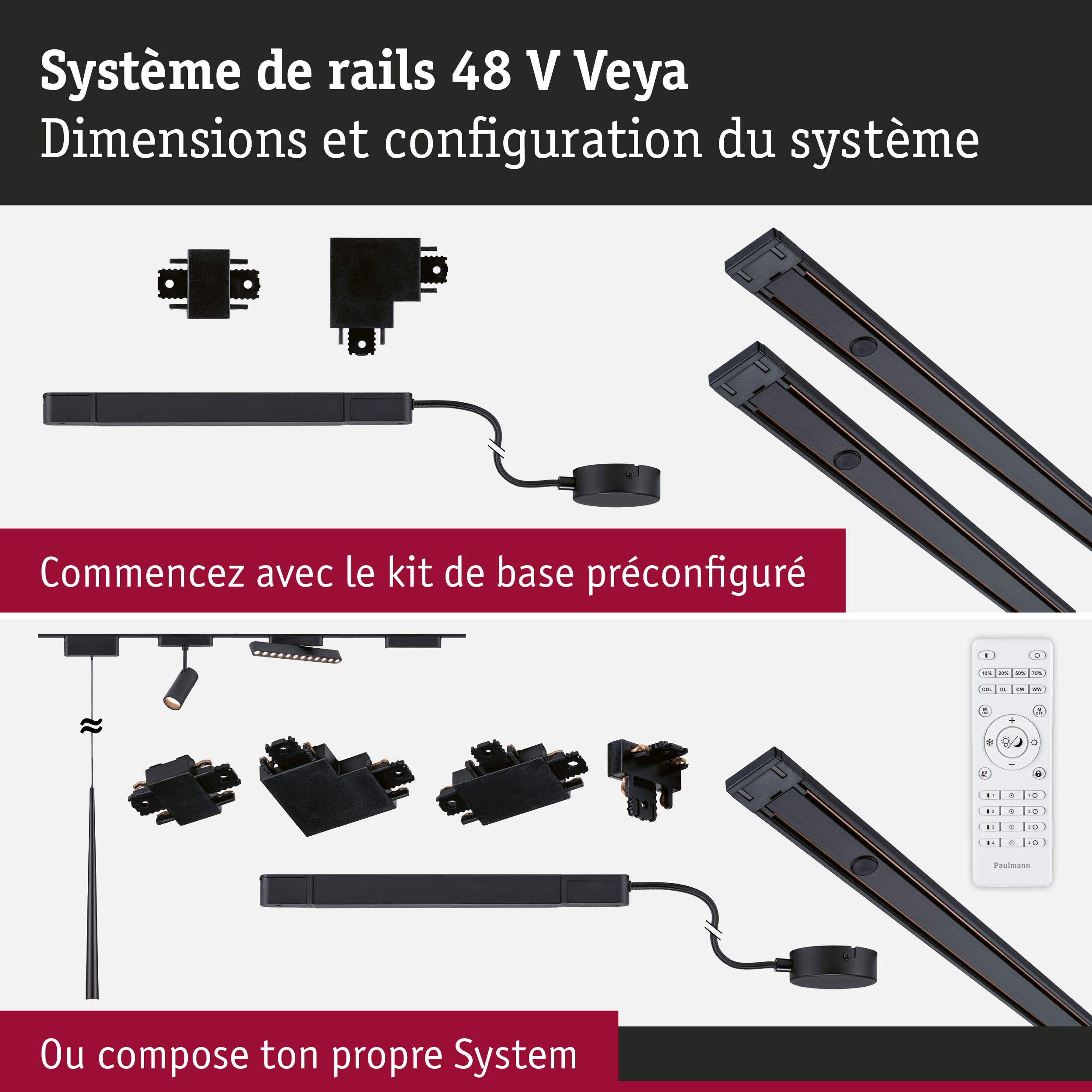 Système de rails noir 48 V Veya avec connecteurs et télécommande pour éclairage LED